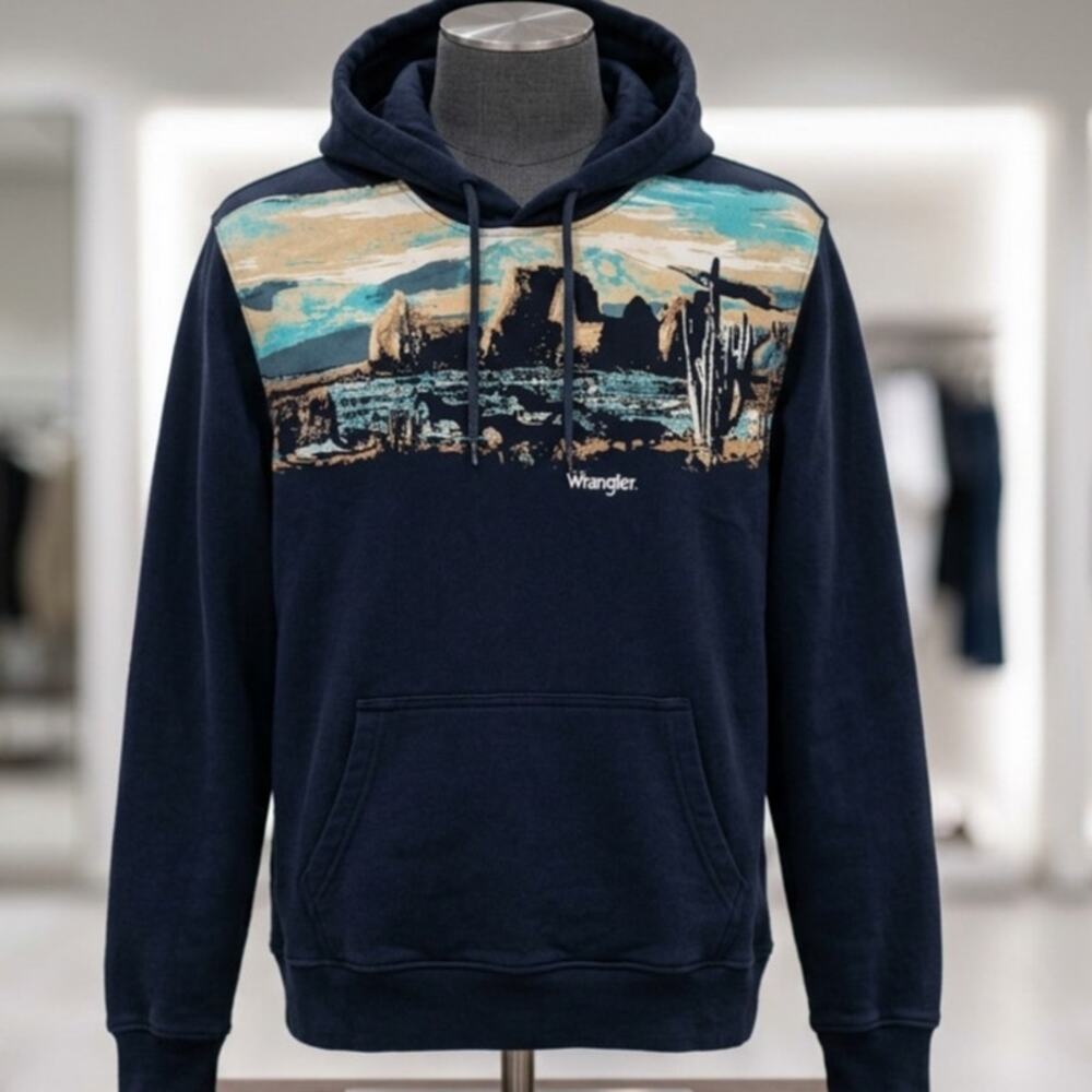 Wrangler Men's Navy Blue Hoodie Western Desert Graphic Sweatshirt Pullover
